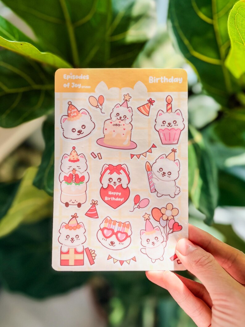 Happy Birthday Party Sticker Sheet | Cute Samoyed Dog Stickers, Kawaii ...