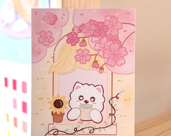 Cozy Matcha Samoyed Art Print, Cherry Blossom Window View Decor, Zen Aesthetic Sakura Wall Art, Peaceful Spring Dog Illustration