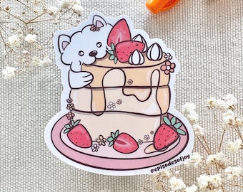Kawaii Samoyed Dog Sticker: Strawberry Pancake Dessert, Waterproof Vinyl