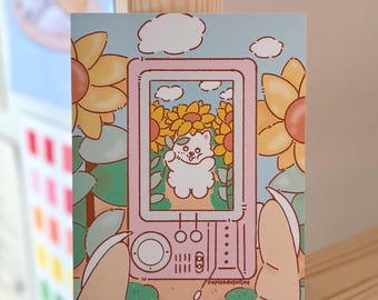 Nostalgic Digital Camera POV Samoyed Art Print, Sunflower Farm Dog Decor, Retro Y2K Aesthetic Wall Art, Cute Samoyed Selfie Illustration