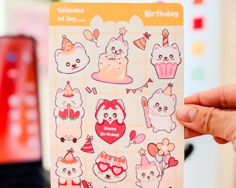 Happy Birthday Party Sticker Sheet | Cute Samoyed Dog Stickers, Kawaii Planner Deco, Celebration Gift for Dog Lovers, Aesthetic Stationery