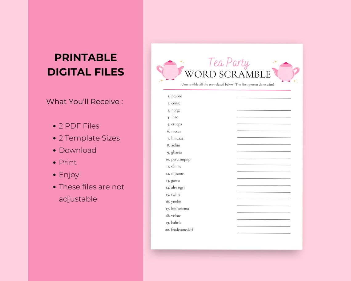 Word Scramble Printable Tea Party Games Tea Party Activities Girls Tea ...