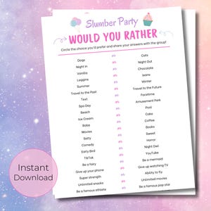 Would You Rather Game, Fun Sleepover Game for Girls, Slumber Party Game, Pajamas Party Game, Teen Preteen Slumber Party, Birthday Party Game