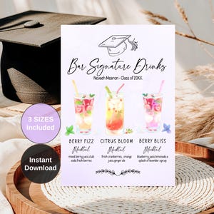 Graduation Bar Menu Sign Template, Grad Party Drinks Sign, Editable College Graduate Cocktail List, Signature Drinks Graduation Party Decor