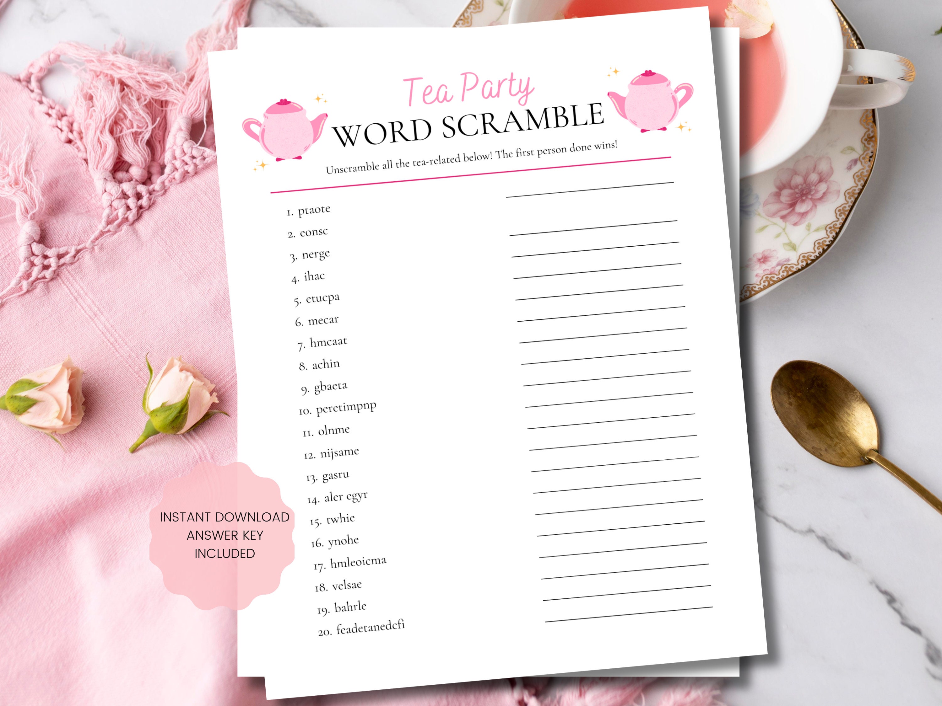 Word Scramble Printable Tea Party Games Tea Party - Etsy UK