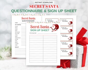 Op de afbeelding: Printbare Secret Santa-vragenlijst en aanmeldformulier met een feestelijk kerstthema. De vragenlijst vraagt ​​naar favoriete kleuren, snacks, snoep, drankjes, restaurants, fastfood, winkels, geuren, abonnementen, auteurs, teams, merken, tv-programma's, hobby's en een verlanglijstje. Het aanmeldformulier heeft ruimte voor namen en een datum voor de uitwisseling van cadeaus.