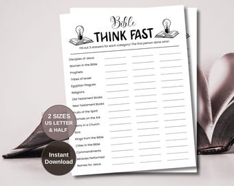 Op de afbeelding: Een afdrukbaar Bijbels thema spelblad met de titel "Bible Think Fast" en invulcategorieën. Het blad bevat categorieën als "Discipelen van Jezus" en "Profeten". De afbeelding bevat ook een knop met de tekst "2 maten US Letter & Half" en "Direct downloaden".