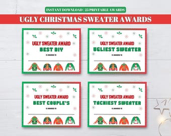 May include: Four printable "Ugly Christmas Sweater Awards" with red and green borders. Each award features a different title, such as "Best DIY" and "Ugliest Sweater", and includes sweater illustrations. The top banner reads "Ugly Christmas Sweater Awards".