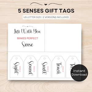 Etichette regalo 5 sensi, 5 sensi stampabili, etichette e biglietti 5 sensi, regalo di compleanno, regalo di anniversario, regalo di Natale per fidanzato, regalo romantico per coniuge