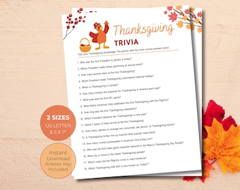 May include: A printable Thanksgiving trivia game with a cartoon turkey illustration. The game includes 18 questions about Thanksgiving traditions and history. The text on the page reads "Thanksgiving Trivia" and "Test your Thanksgiving knowledge! The person with the most correct answers wins!"