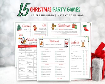 Puede incluir: Un conjunto de 15 juegos de fiesta de Navidad imprimibles. Los juegos incluyen Pictionary Emoji, Encuentra a alguien que, Intercambio de regalos izquierda-derecha, Jeopardy de Navidad, Qué hay en tu teléfono y Reno o Ficción. Los juegos están diseñados en un esquema de colores rojo y verde festivo con ilustraciones de Papá Noel, renos y árboles de Navidad.