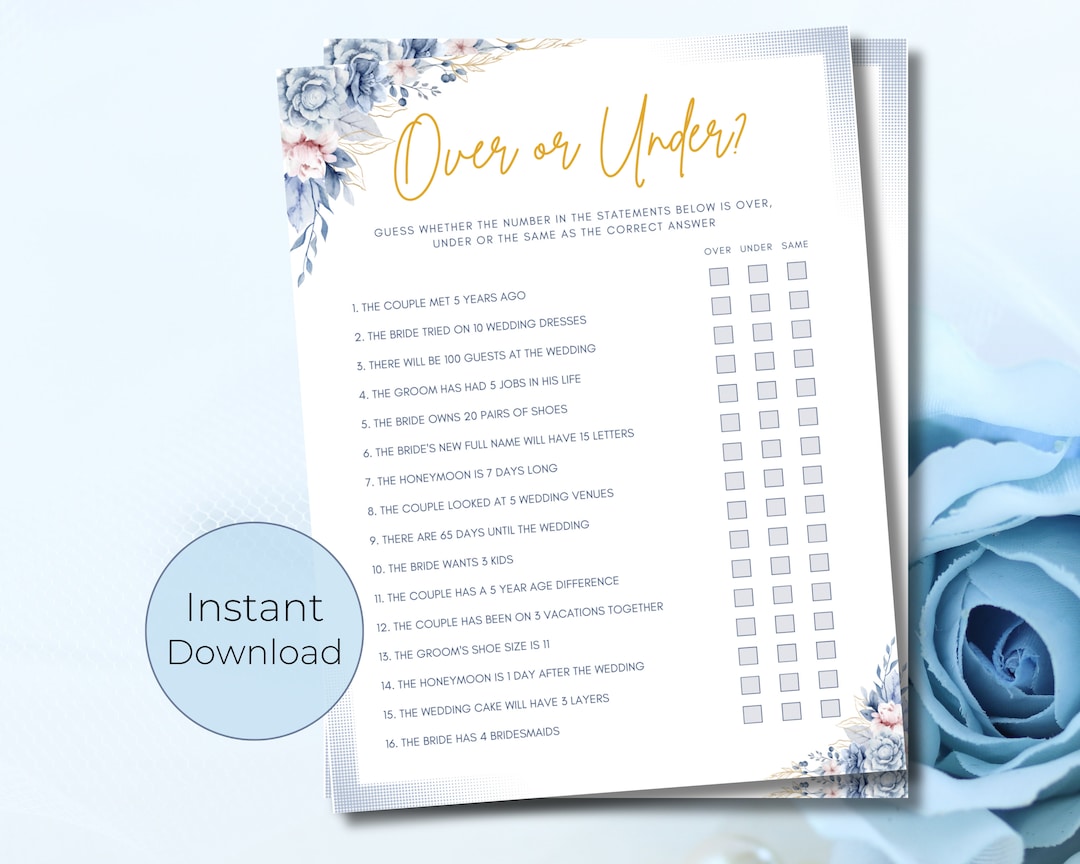 Over or Under Bridal Shower Game | Over or Under Wedding Game ...