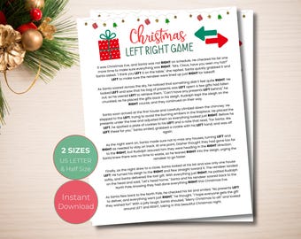 Op de afbeelding: Een printbaar kerstspel voor kinderen. Het spel heet "Left Right Game" en bevat een illustratie van Sinterklaas in rood en wit. Het spel is ontworpen om door kinderen te worden gespeeld en bevat instructies voor het spelen van het spel.