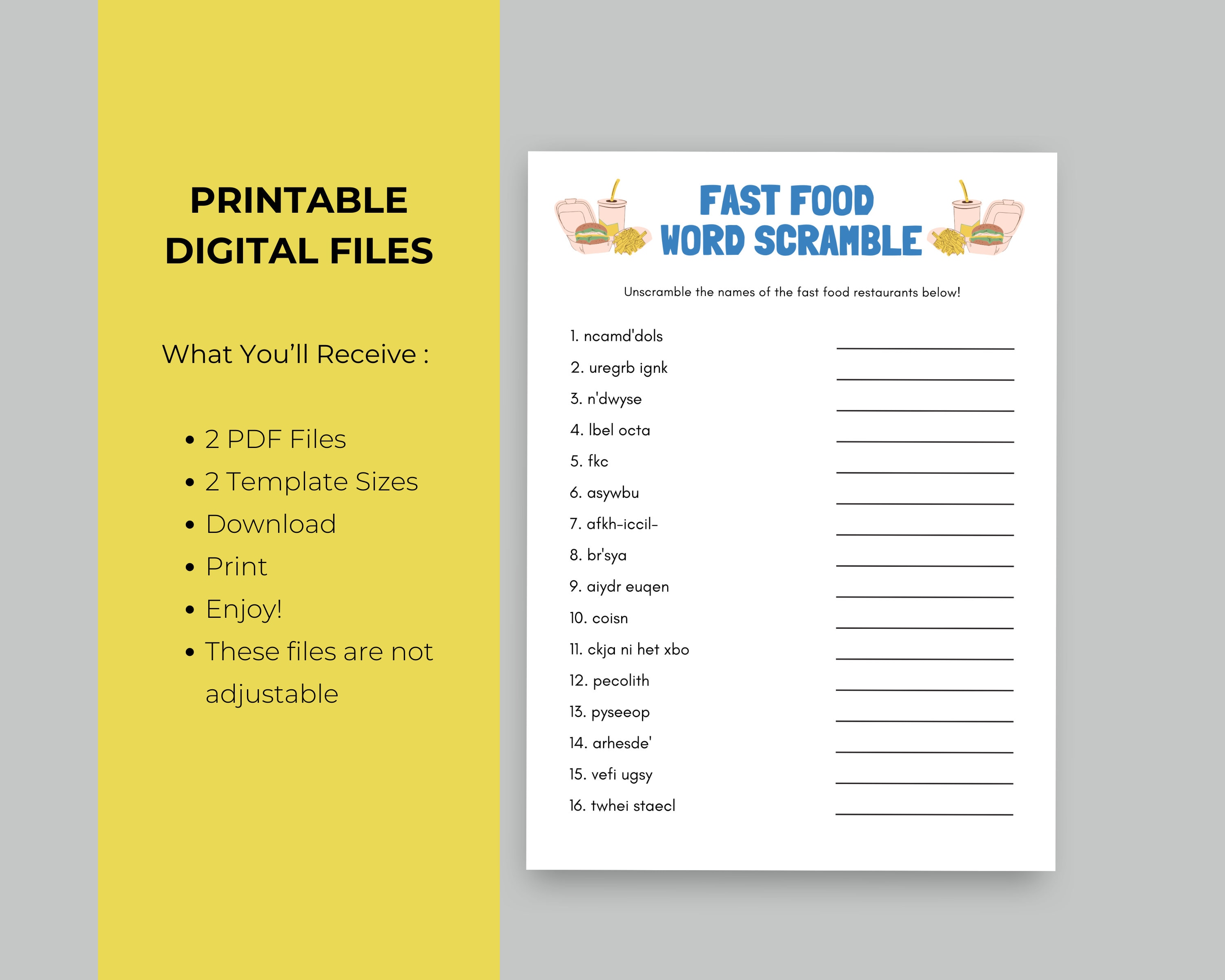 Road Trip Word Scramble Game: Fast Food Theme (PDF) - Etsy