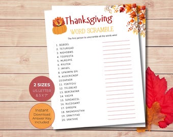 May include: Printable Thanksgiving word scramble game with a fall theme. The game features a pumpkin with a turkey on top and fall leaves in the background. The game includes 20 words to unscramble. The text on the game says "Thanksgiving Word Scramble".
