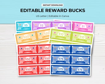 Editable Reward Bucks: Play Money for Kids (PDF)