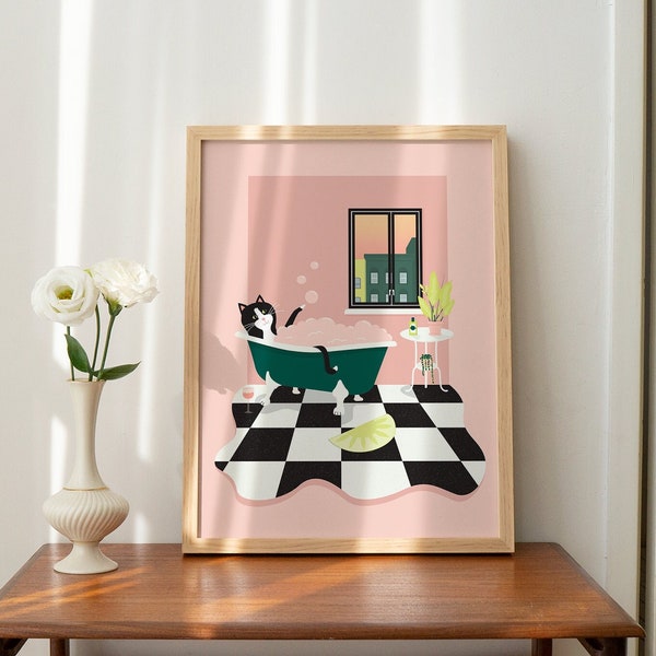 Unique Cat Wall Art, Cat Print, Wall Decor, Digital Download, Cat in the Bath, Bathroom Art, Black and White Cat, Tuxedo Cat