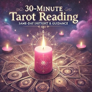 May include: A pink candle with a lit flame sits atop a decorative plate, surrounded by tarot cards. The image features the text "30-MINUTE Tarot Reading" and "SAME-DAY INSIGHT & GUIDANCE" against a starry, purple background. Small candles are also present.