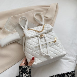 Casual Flap Buckle Design Rhombus Stitching PU Backpack-White