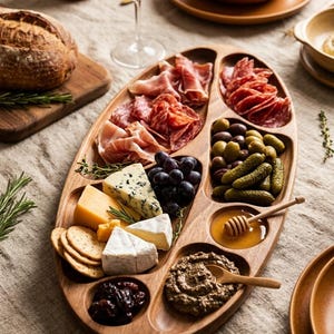 Vassoio da portata in legno di noce fatto a mano, grande tagliere per salumi e formaggi da 50 x 22 cm, piatto da antipasto in legno con 7 scomparti, decorazione per la casa sostenibile