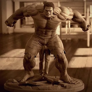 May include: A detailed, hand-painted figurine of the Hulk, a green superhero with a muscular physique, standing in a fighting pose. The figurine is made of a brown material and has a textured surface.