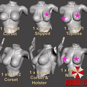 May include: Six different poses of a female figure, each with a different level of clothing. The figure is holding a gun in each pose. The poses are labeled with the text "1 x Pose 1 Corset", "1 x Pose 1 Slipped", "1 x Pose 1 Topless", "1 x Pose 2 Corset", "1 x Pose 2 Corset & Holster", and "1 x Pose 2 Nude". The text "RESIDENT EVIL" is also visible in the image.