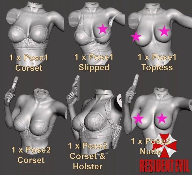 May include: Six different poses of a female figure, each with a different level of clothing. The figure is holding a gun in each pose. The poses are labeled with the text "1 x Pose 1 Corset", "1 x Pose 1 Slipped", "1 x Pose 1 Topless", "1 x Pose 2 Corset", "1 x Pose 2 Corset & Holster", and "1 x Pose 2 Nude". The text "RESIDENT EVIL" is also visible in the image.