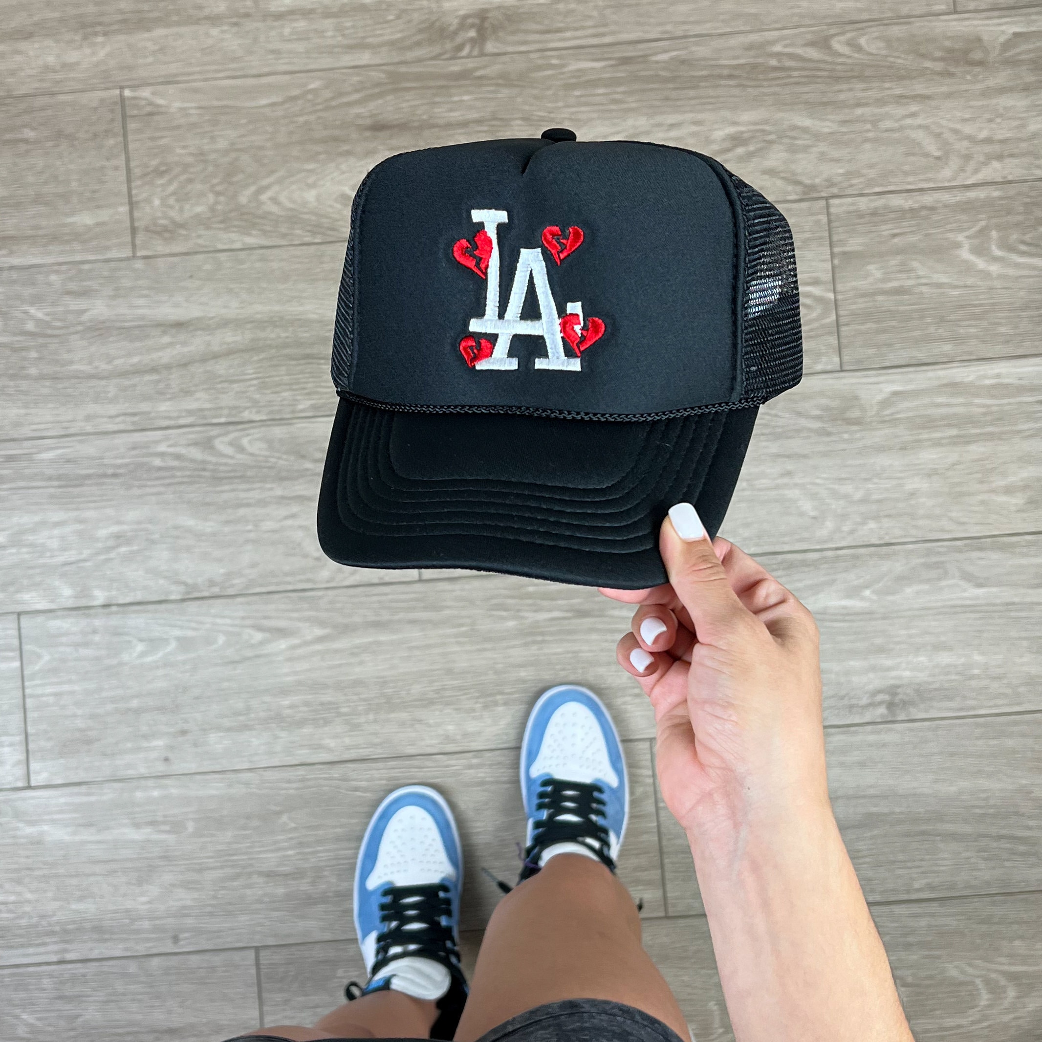 La Los Angeles Trucker Baseball Cap with La with Broken Hearts