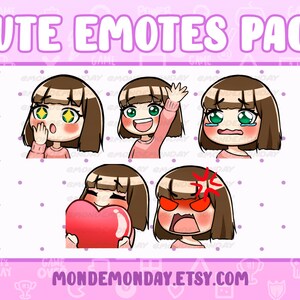 Cute Twitch Emotes Pack | Brown short hair with bangs, Green eyes, Light skin | Twitch, Discord, Youtube