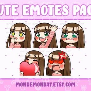 Cute Twitch Emotes Pack | Brown long hair with bangs, Green eyes, Light skin | Twitch, Discord, Youtube
