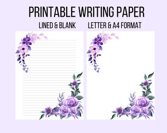 Printable Purple Flowers Roses Stationery Writing Paper | Printable Floral Stationery Paper | Instant Download PDF File | Letter & A4 Format