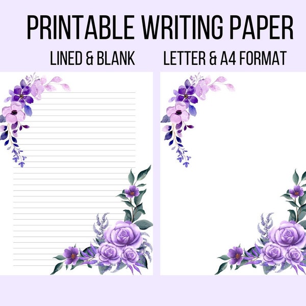 Printable Purple Flowers Roses Stationery Writing Paper | Printable Floral Stationery Paper | Instant Download PDF File | Letter & A4 Format