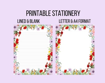 Flowers Frame Printable Stationery Writing Paper | Printable Cute Floral Stationery | Instant Download PDF JPG Files | Letter & A4 Format