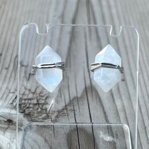 Silver Wrapped Hexagon Moonstone Earrings, 925 Silver, Genuine Rainbow Moonstone, Healing Gemstones, Point, June Birthstone