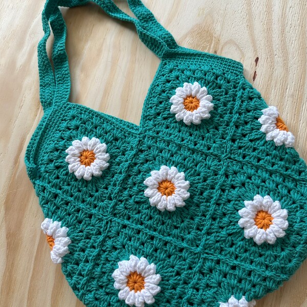 Handmade Crocheted/Knitted Purse/Daisy Tote/Shoulder Bag/Teal/Turquoise Yarn