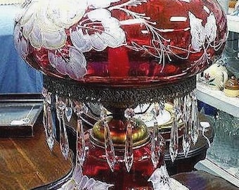 GWTW Cranberry Hurricane Lamp/Prisms/Hand-painted with White Roses and Leaves