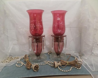 Pair of Cranberry Cut Glass Boudoir Vintage Table Lamps Etching on the Shades & Hanging Prisms