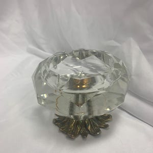 Crystal Hexagonal Cut Ashtray on an Ornate Metal Base in the Shape of Flower Petals