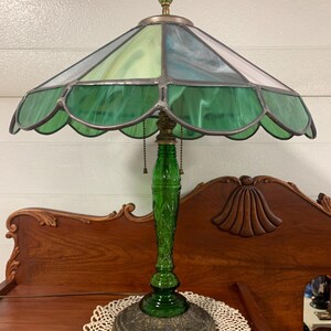 NOT FOR SALE - new listing coming soon!  Art Nouveau 1920s H.A. Best Lamp Co Table Lamp Handmade Slag Glass Shade, Rewired