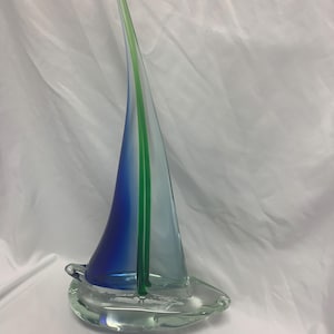 Murano Glass Sailboat with Blue and Green Sail made by Italian Glass Artists