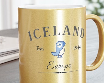 Iceland Metallic Mug (Silver or Gold or get BOTH) 11 oz, Iceland Modern Puffin Graphic for Tea or Coffee Mug, Beautiful Gift for Christmas