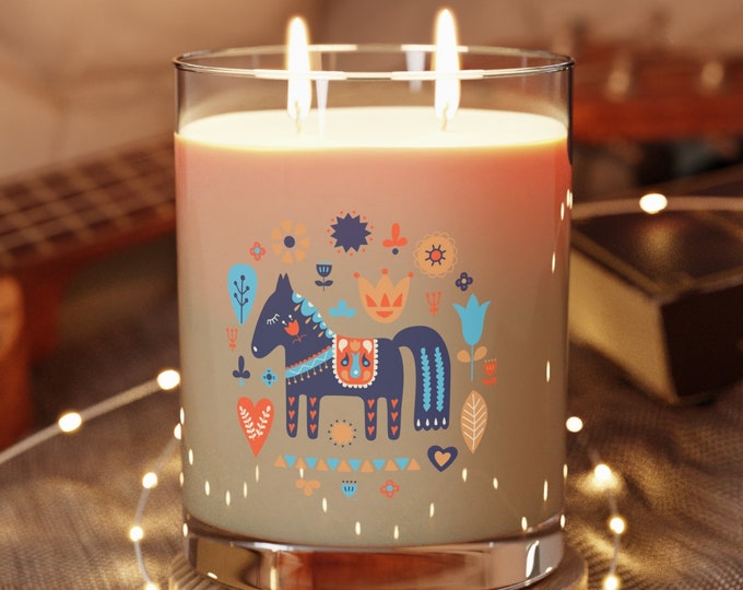 Dala Horse Unique Holiday Gift, Scandinavia Folk Art Design Scented Candle - Full Glass, 11oz, Perfect Birthday Present or Holiday Christmas