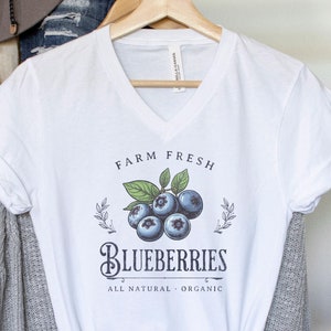 Blueberry Cute Fruit Shirt Comfortable V Neck Vintage Inspired Cottagecore Blueberries Shirt, Citrus Tshirt, Summer Time Tee Tropical Summer