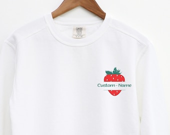 Custom Strawberry Shirt Sweatshirt Comfort Colors® Personalized Strawberry Sweater Crewneck, Vintage Inspired Berry Shirt with Your Text