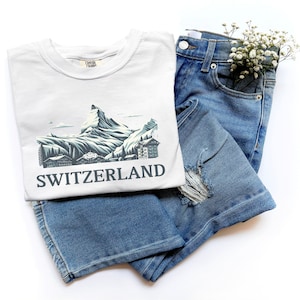 Switzerland Shirt, Vintage Inspired Swiss TShirt, Spring in Alps, Cute Mother&#39;s Day Gift Tshirt, Adorable Travel Gift, Travel Theme Shirt
