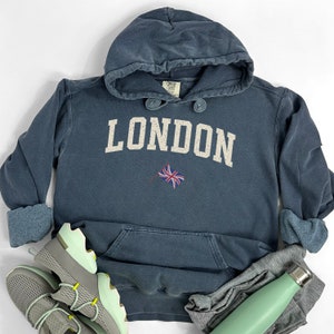 London Sweater, Comfort Colors® Brand Hooded Sweatshirt, London England Shirt Crewneck, United Kingdom Pullover, UK Hoodie, British Flag