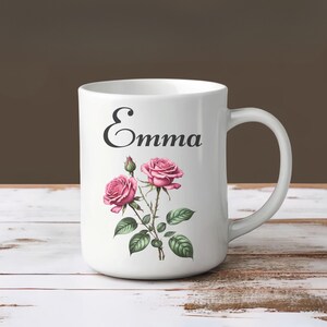 Personalized Mug, Flower with Name, Roses Mug, Pink Green Floral Mug Personalized, Custom Coffee Mug Personalized Coffee Mug Custom Mug Gift