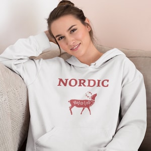 Nordic Love: Norwegian Sweater Hoodie - Cute Norway Shirt with Minimalist Graphic Featuring Elk, Reindeer, Unisex Comfort for Christmas