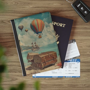 Il nostro libro d'avventura, portapassaporto con copertina grafica vintage con mongolfiera, portapassaporto avventuroso per gli amanti dei viaggi
