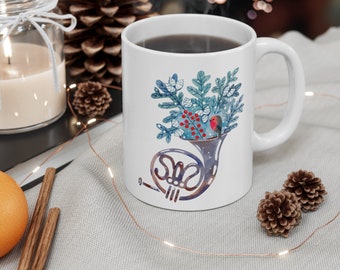 December Music Christmas Mug, Folk Holiday Ceramic Mug, Beautiful White Ceramic Mug Perfect for any Melody Instrument Band Concert Lover